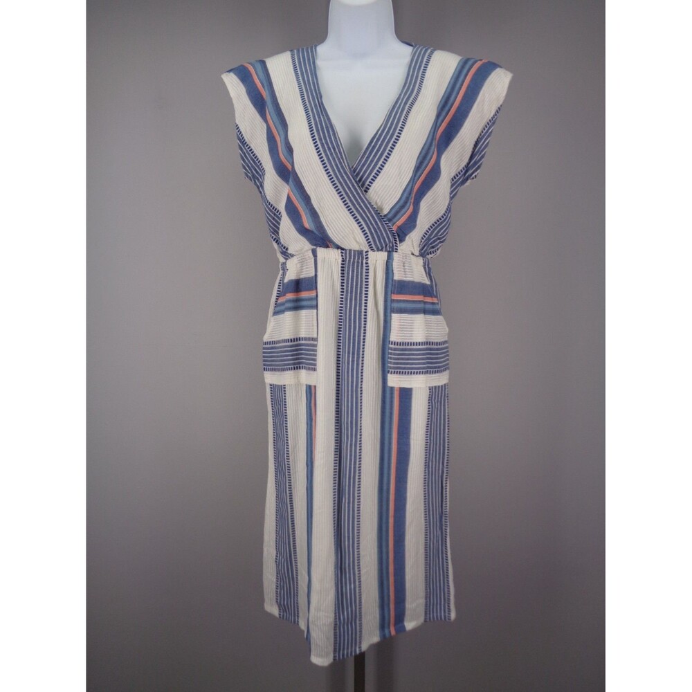 THML Stripe Pom Pom Tie Neck Dress Size Small White Blue Coral